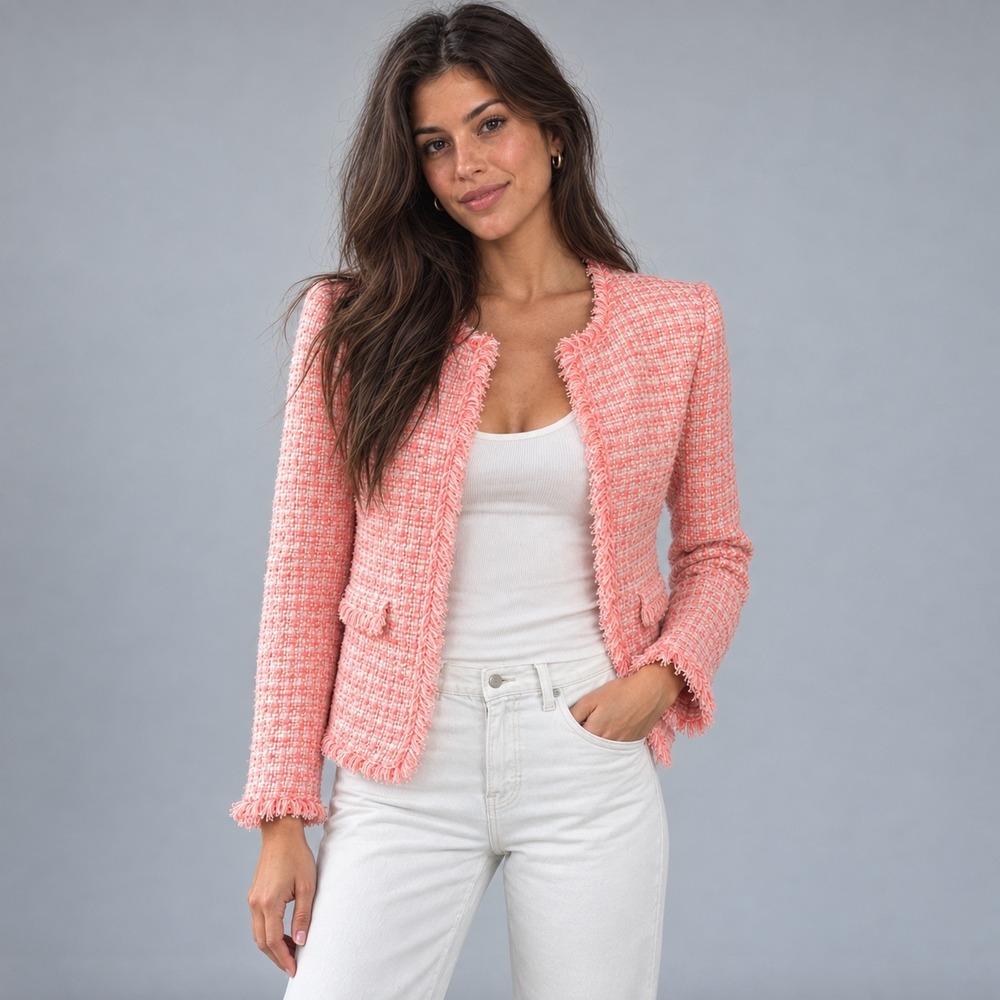 Alice + Olivia Coral Pink Tweed Fringe Cropped Jacket Estimated Size 4